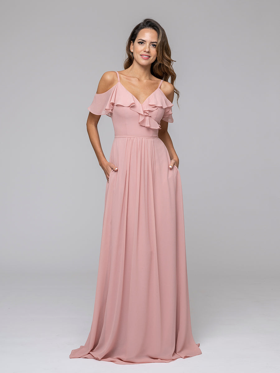 Cold Shoulder Open Back Chiffon Ruffles Long Bridesmaid Dresses