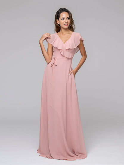 Ruffle Sleeve V Neck Belt Bridesmaid Dresses For Wedding