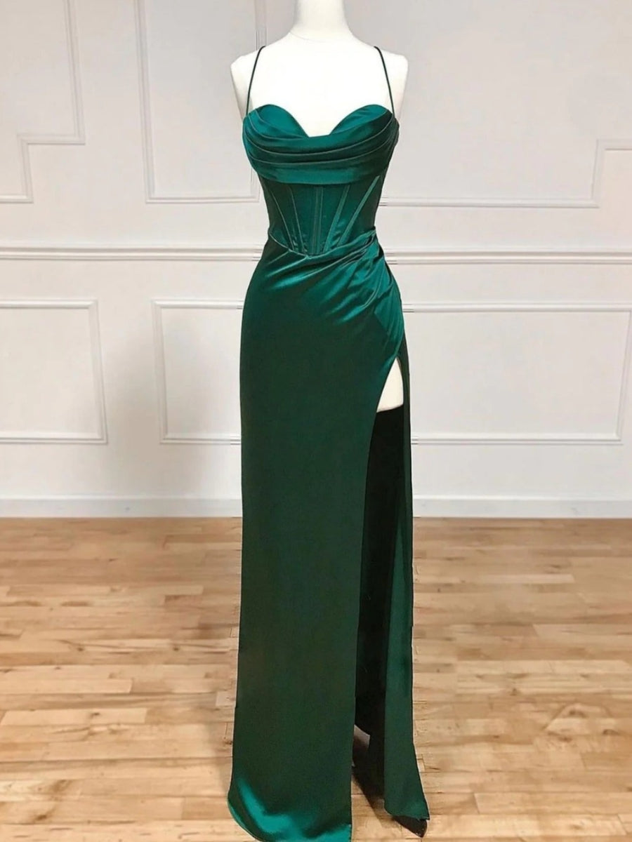 Emerald Floor Length Corset Prom Dresses With Side Slit
