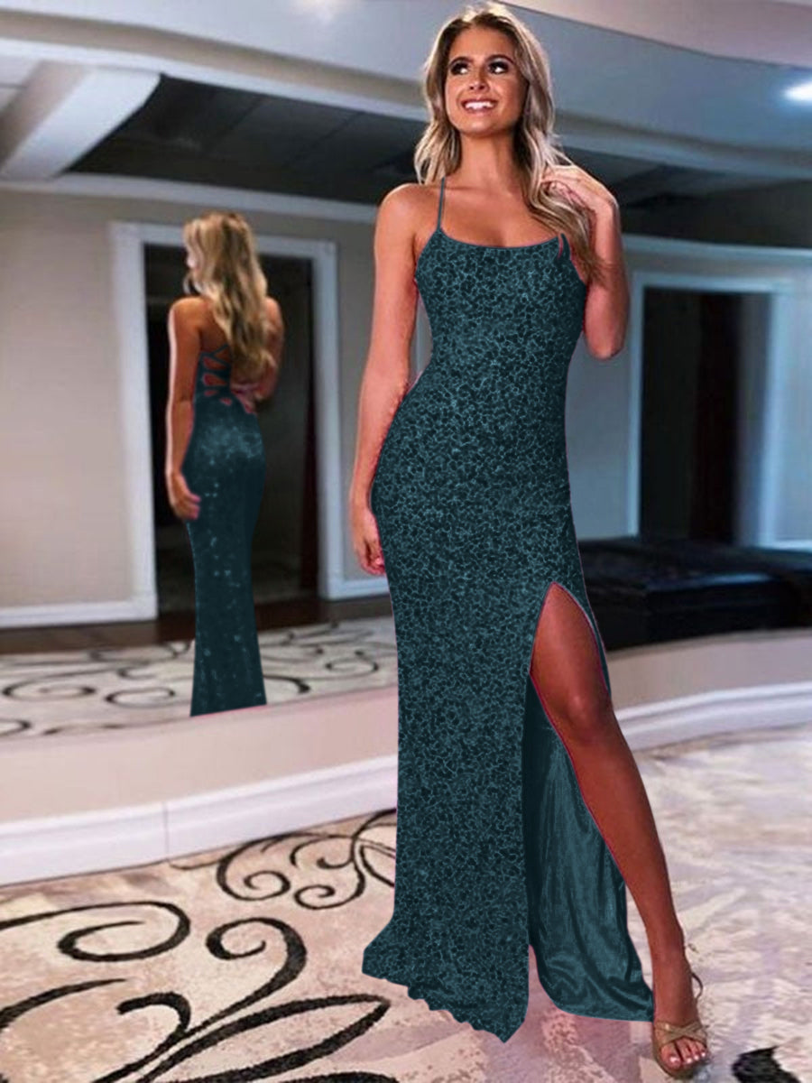 Sheath Spaghetti Straps Sleeveless Long Velvet Sequin Prom Dress