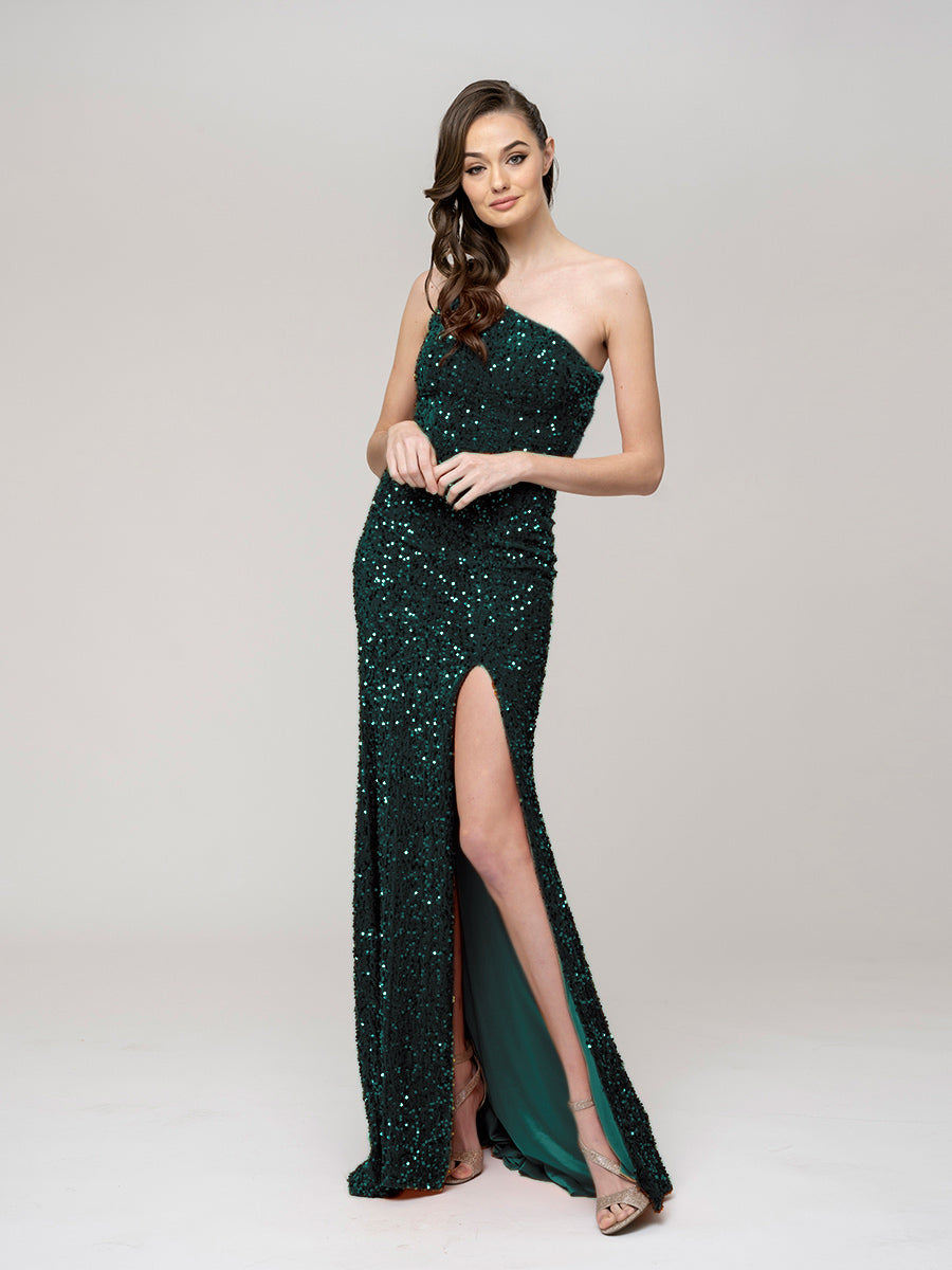 Spaghetti Strap Sequin Fitted Prom Dresses With Side Slit