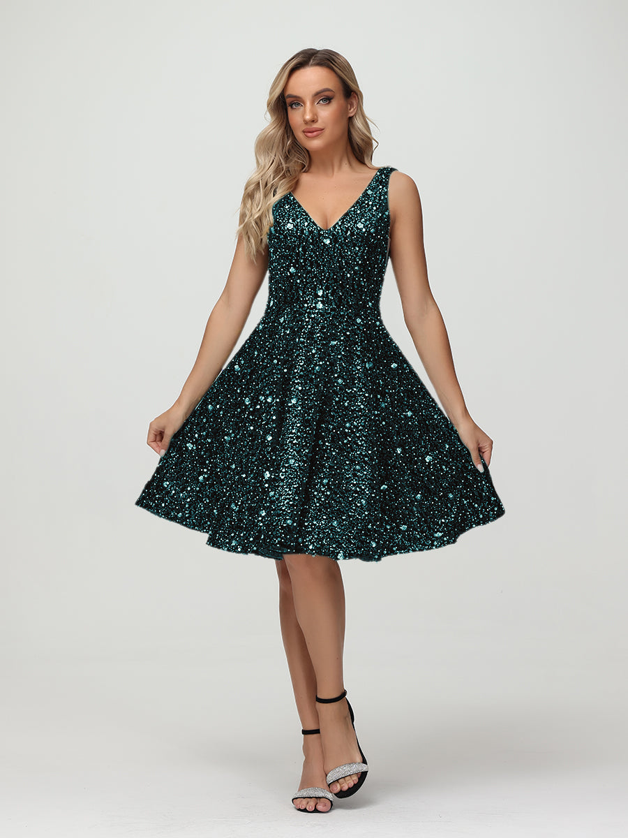 Straps V Neck Velvet Sequin A Line Homecoming Dresses