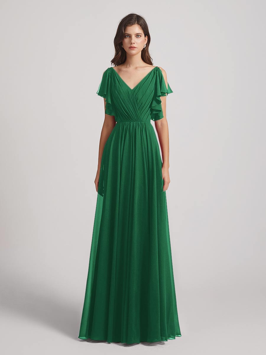 Open Flutter Sleeve Pleated Bodice A Line Bridesmaid Dresses