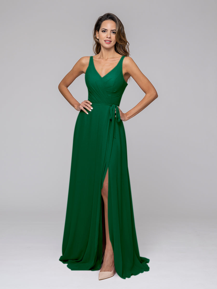 Straps Long Chiffon Bridesmaid Dresses With Side Slit