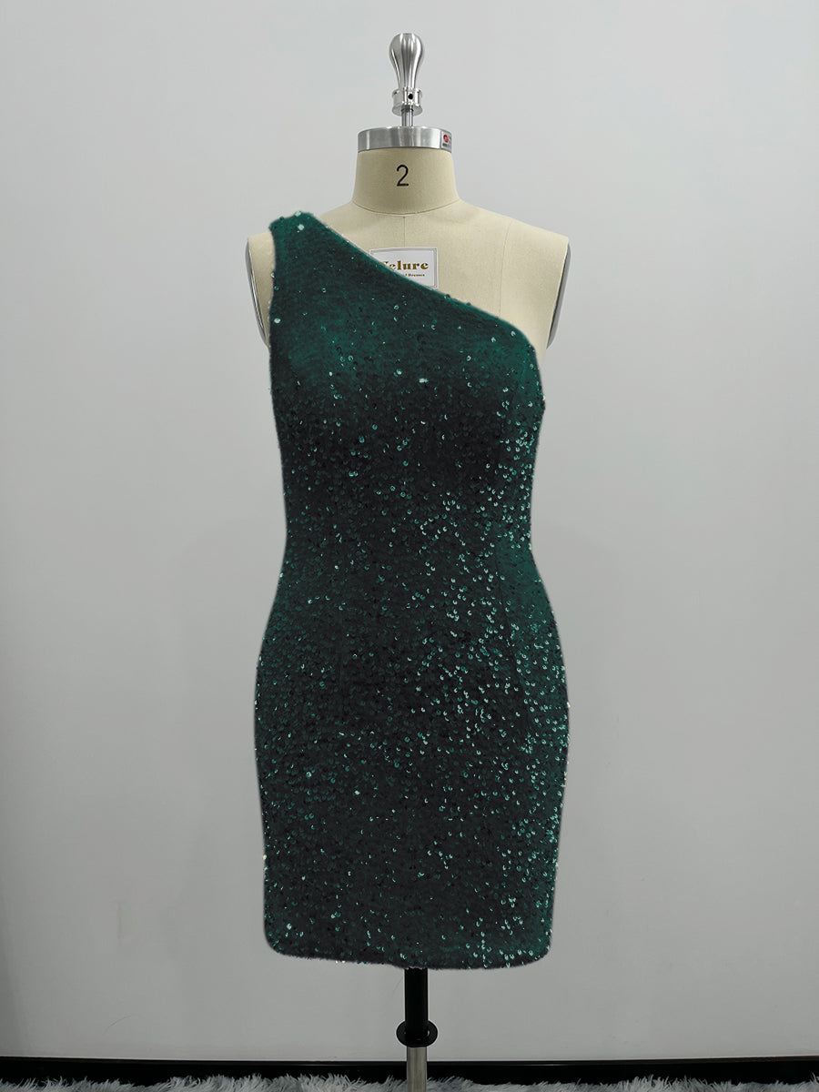 Shiny One Shoulder Velvet Sequin Sheath Homecoming Dresses