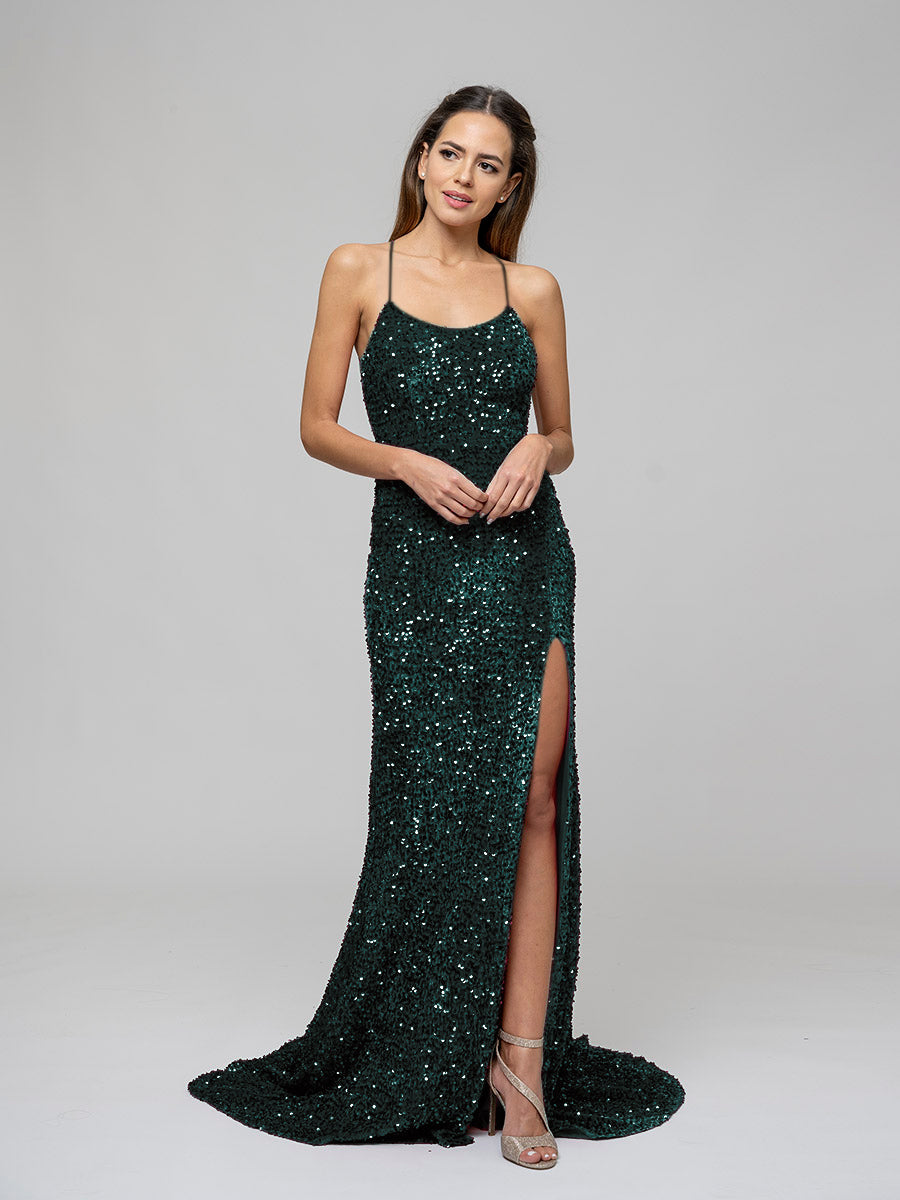 Sequin Side Split Scoop Neckline Fitted Long Prom Gown