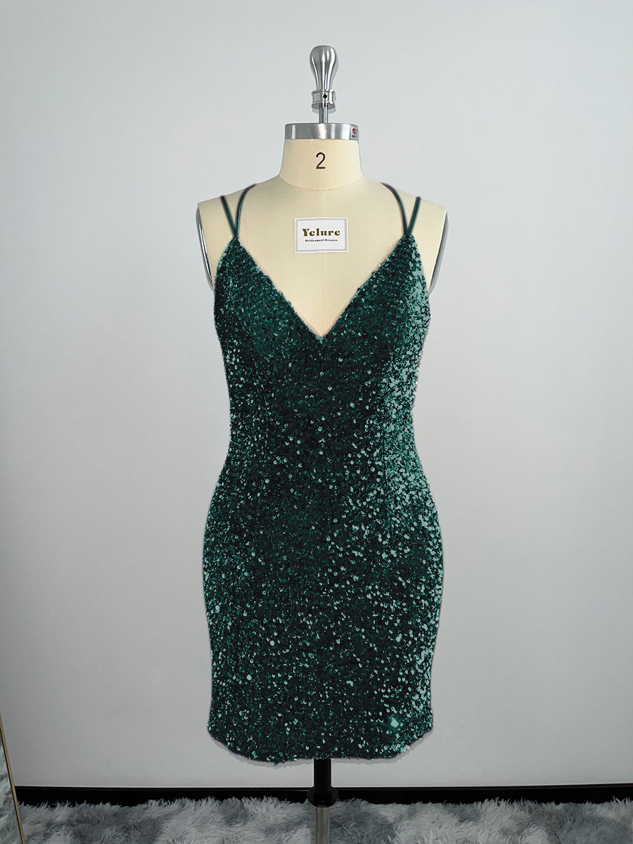 Velvet Sequin V Neck Tight Homecoming Dresses With Criss Corss Back