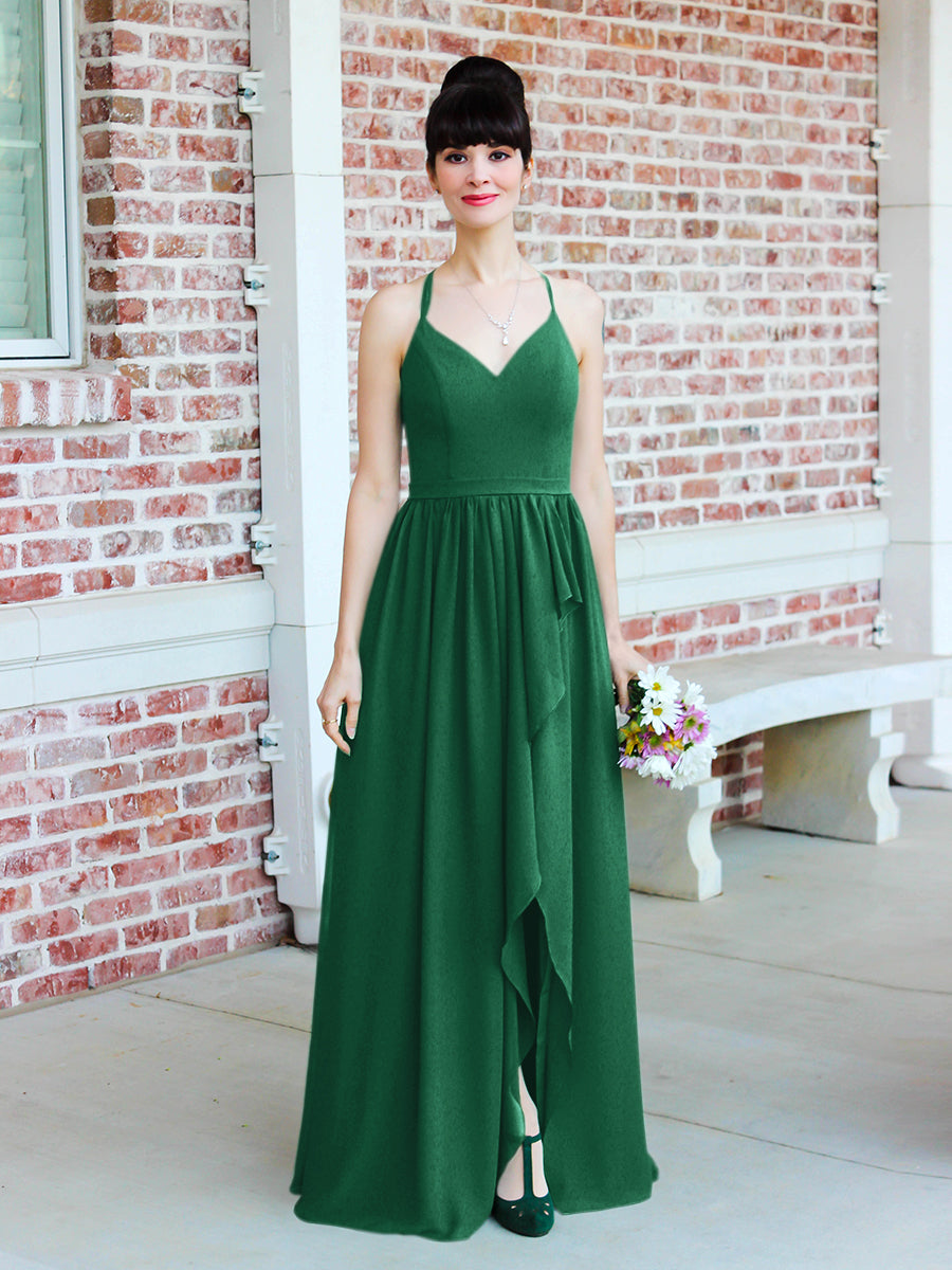 Chiffon Tie Back Bridesmaid Dresses With Ruffles Slit