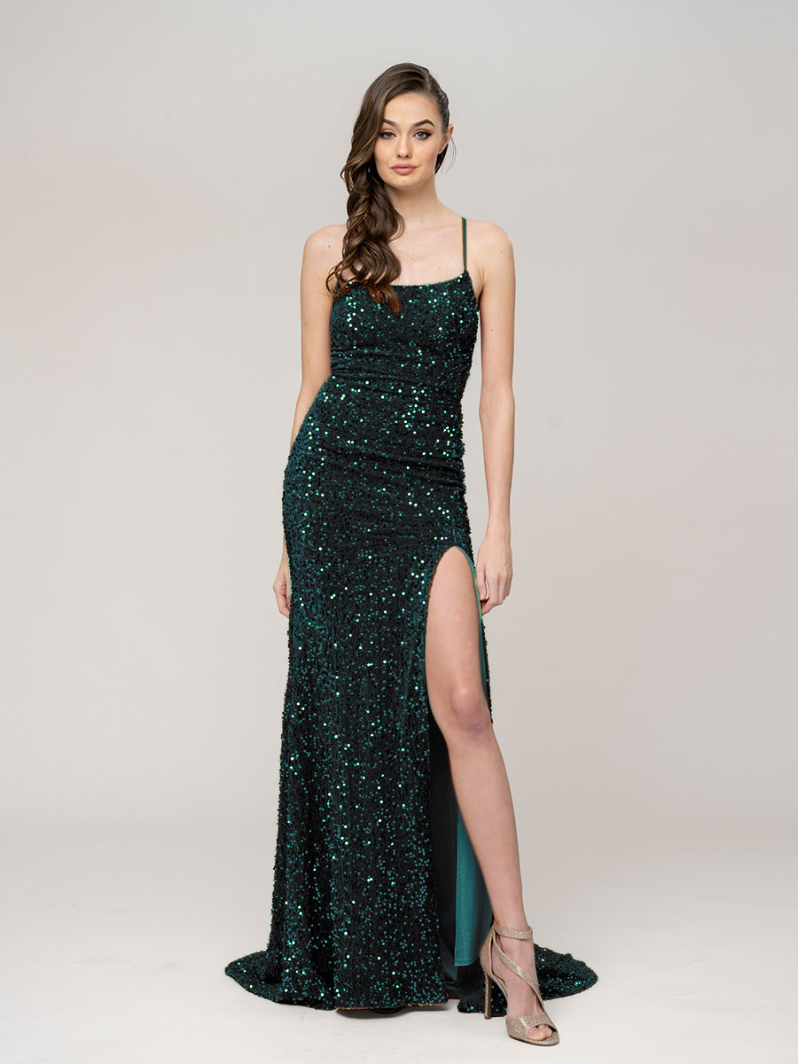 Floor Length Sequin Criss Cross Back Fitted Prom Dresses