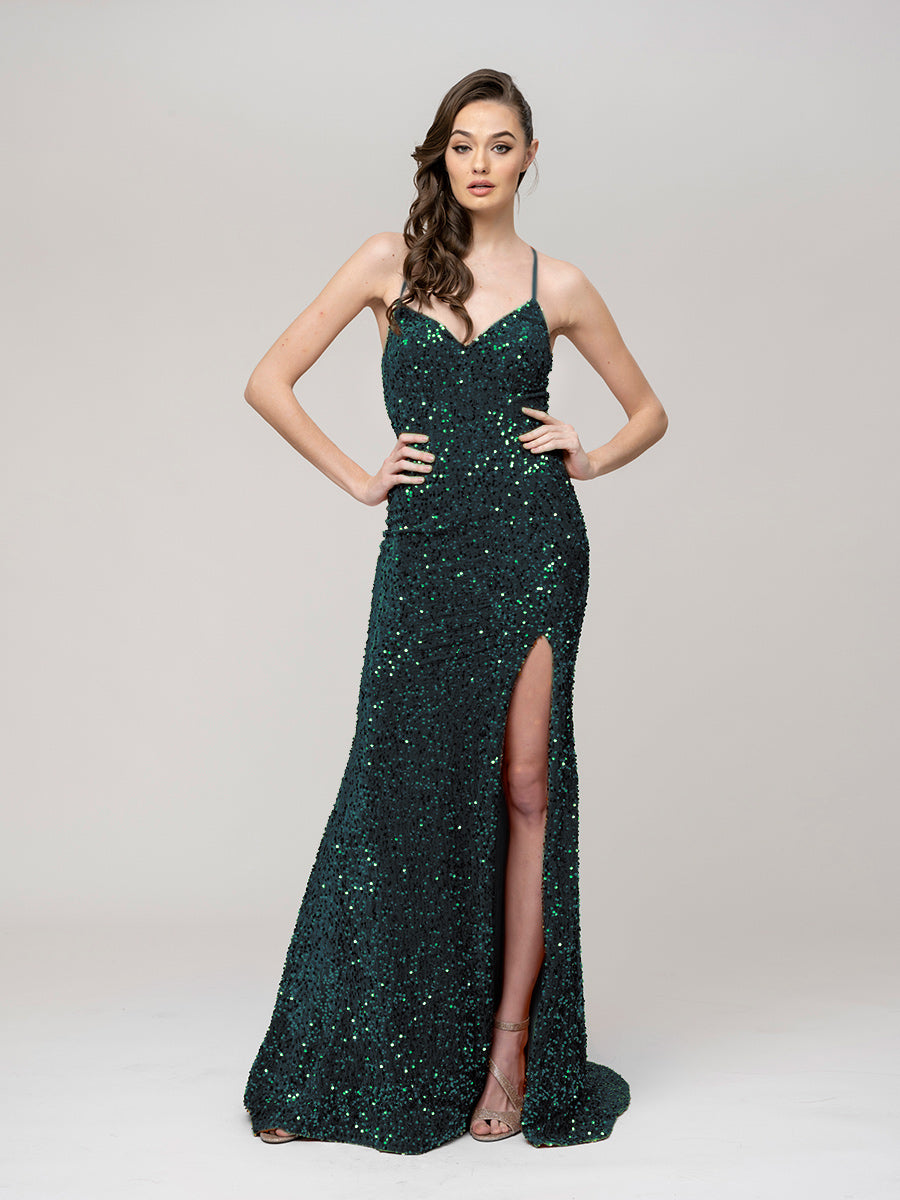 Spaghetti Strap Sequin Fitted Prom Dresses With Side Slit
