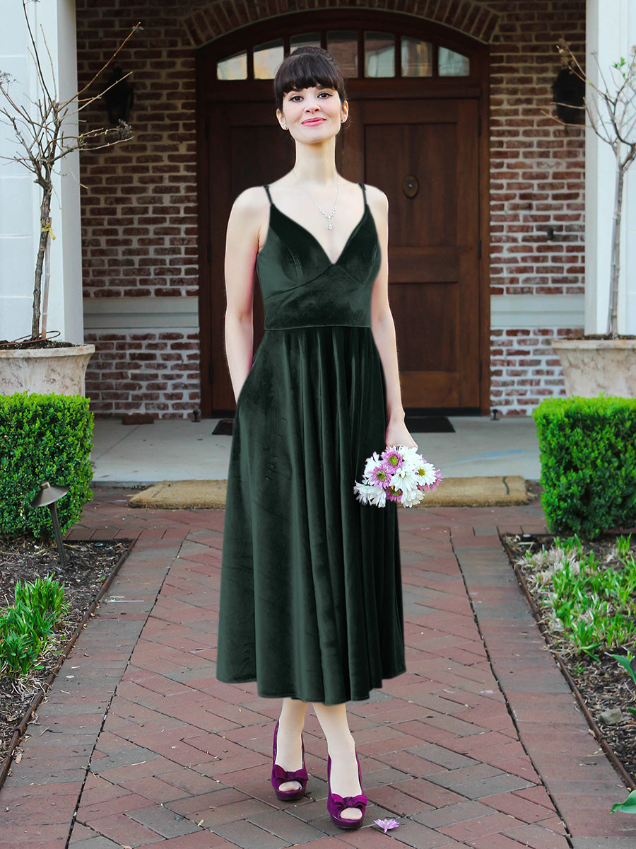 Glamorous A Line Tea Length Velvet Bridesmaid Dresses