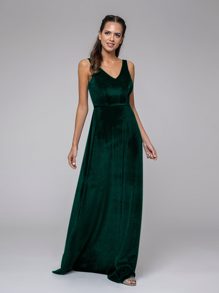 Velvet V Neck Straps A Line Long Bridesmaid Dresses