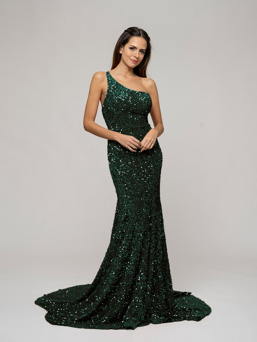 Straps Back One Shoulder Sequin Fitted Prom Dresses