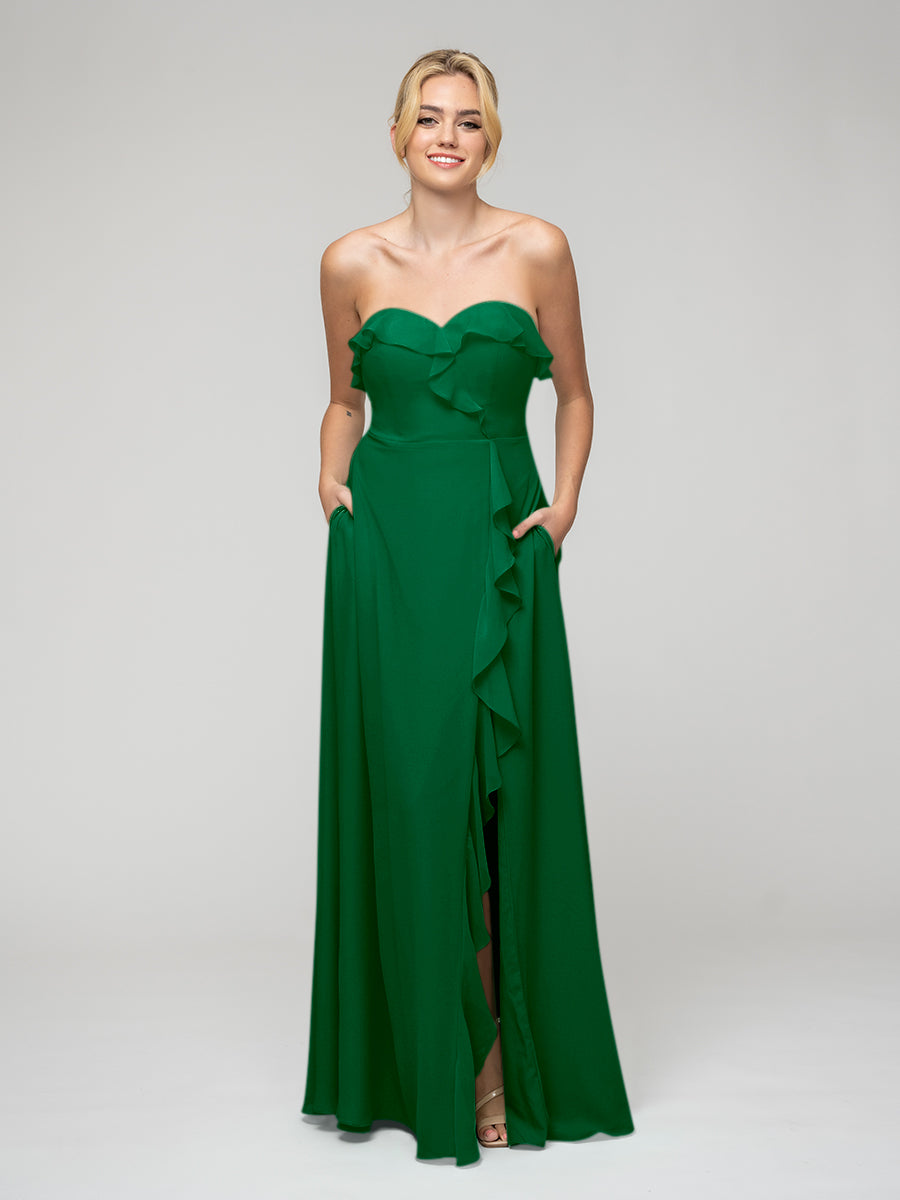 Ruffles Chiffon A Line Strapless Bridesmaid Dresses With Front Slit