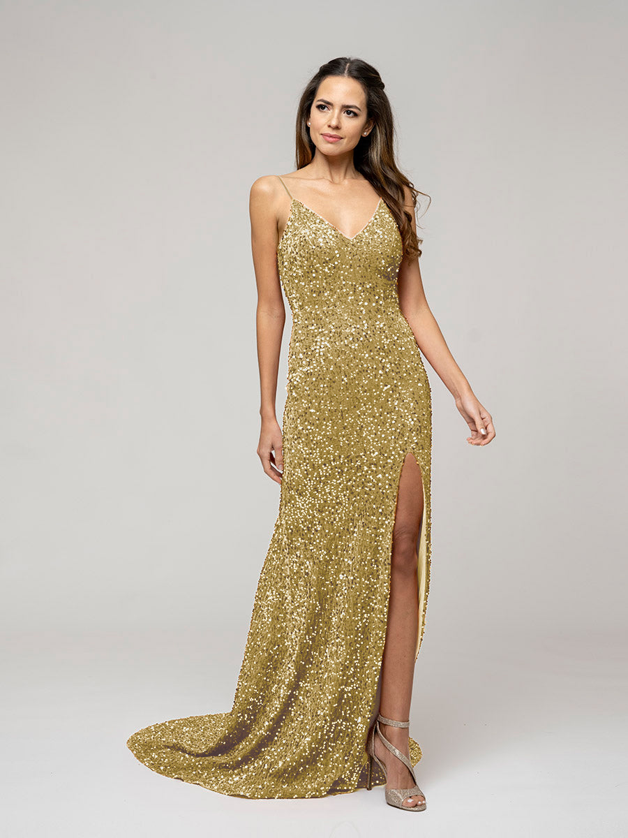 Sweep Train Side Slit Formal Party Prom Gown With Sequin