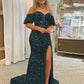 Sheath Off the Shoulder Short Sleeves Long Velvet Sequin Prom Dress