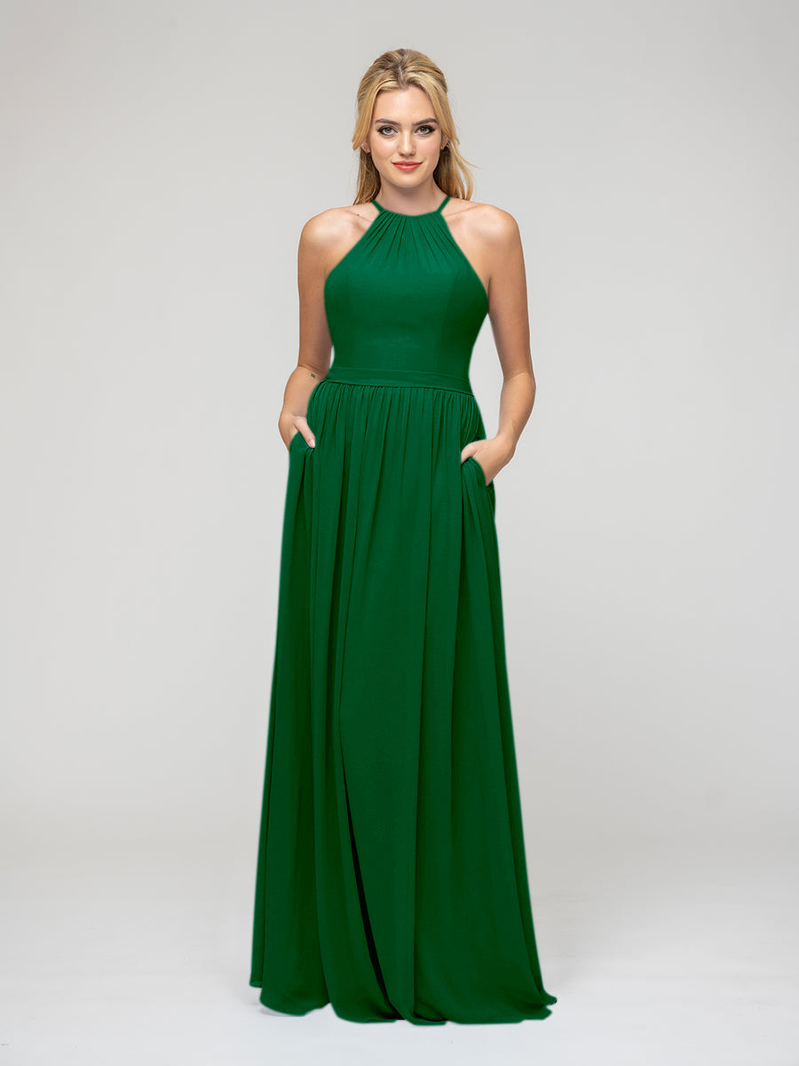 Pleats Bodice Chiffon Halter A Line Bridesmaid Dresses