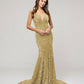 V Neck and Back Sequin Fitted Sweep Train Prom Dresses