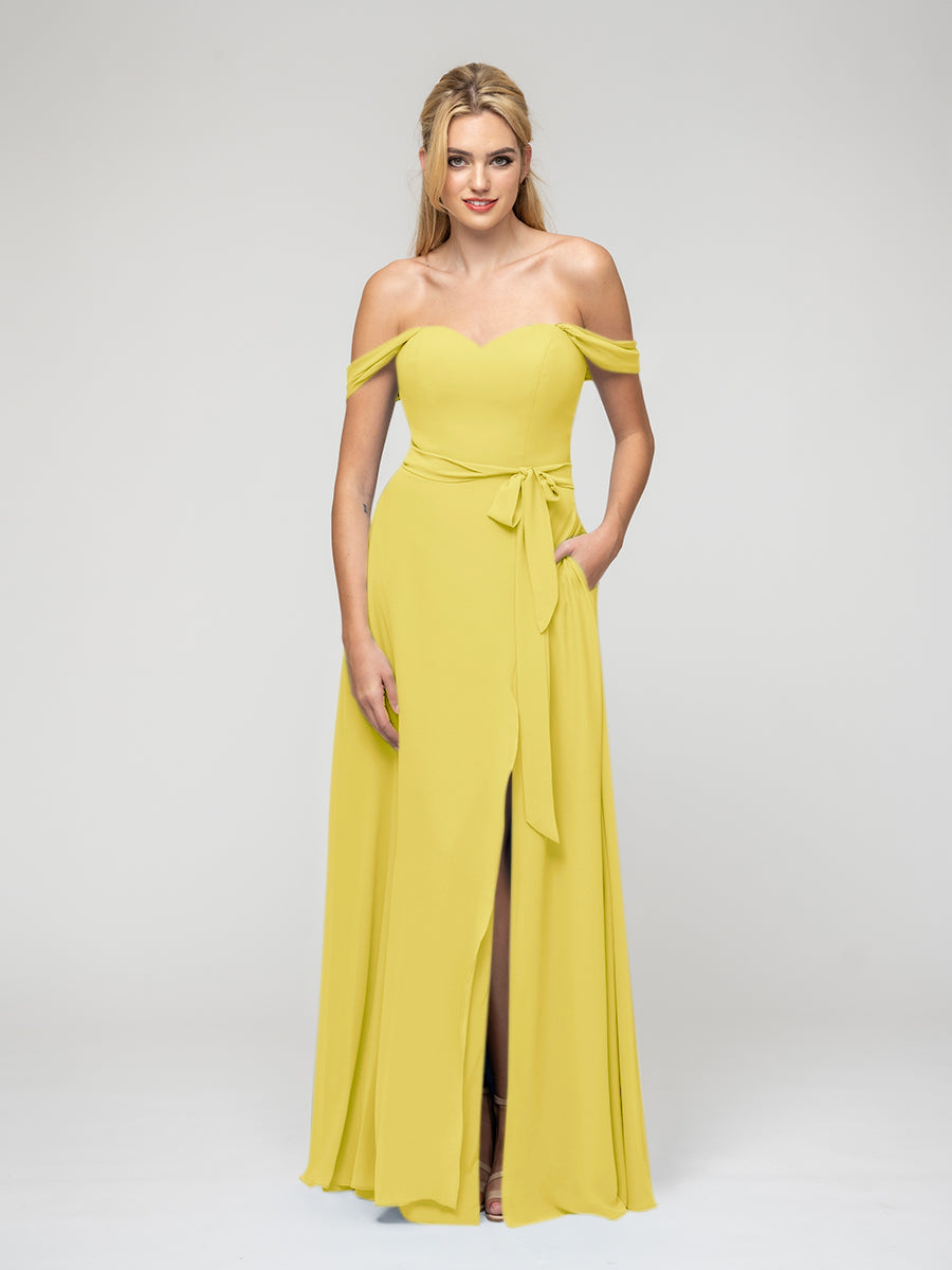 Slit A Line Chiffon Off The Shoulder Bridesmaid Dresses