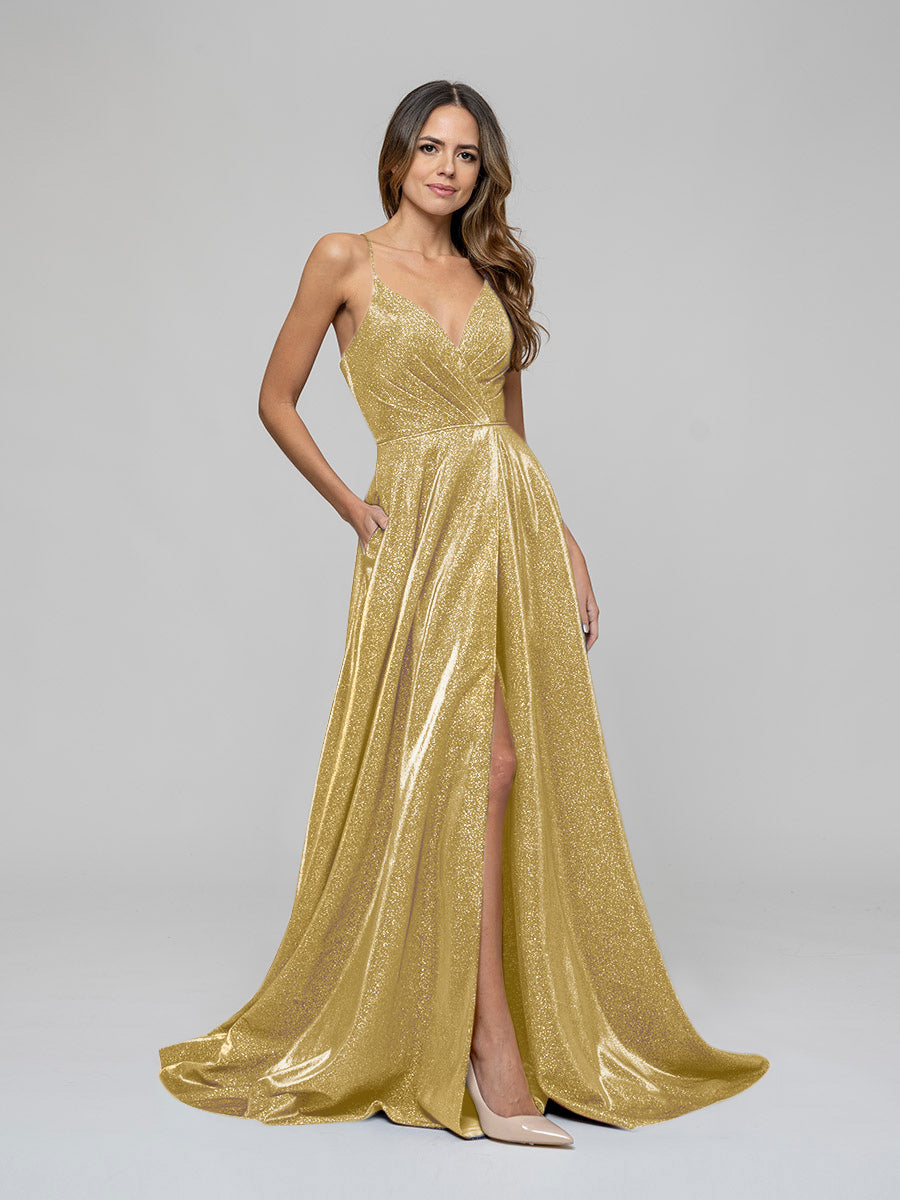 Plunging V Neck Ruched A Line Prom Dresses