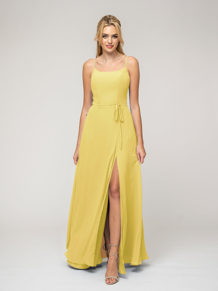 A Line Scoop Neckline Chiffon Slit Belt Bridesmaid Dresses