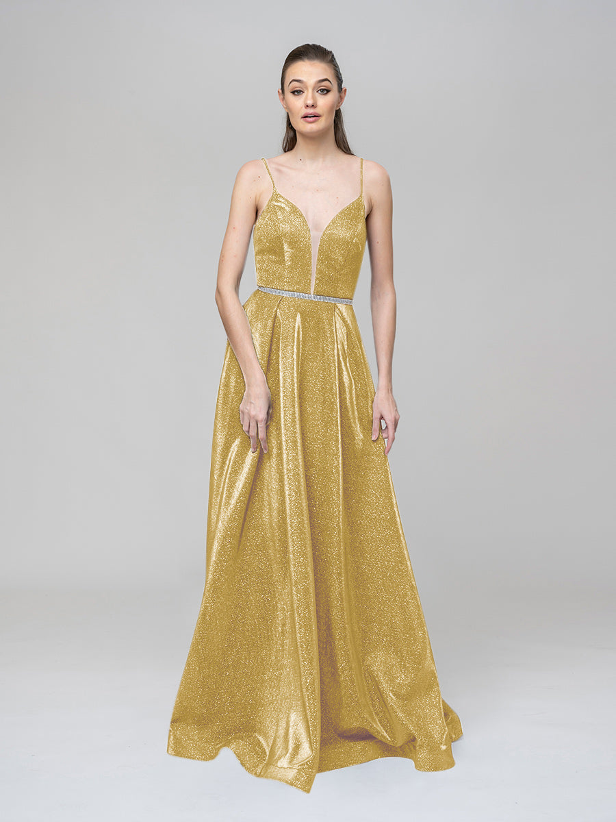 Plunging V Neck Criss Cross Back A Line Prom Dresses