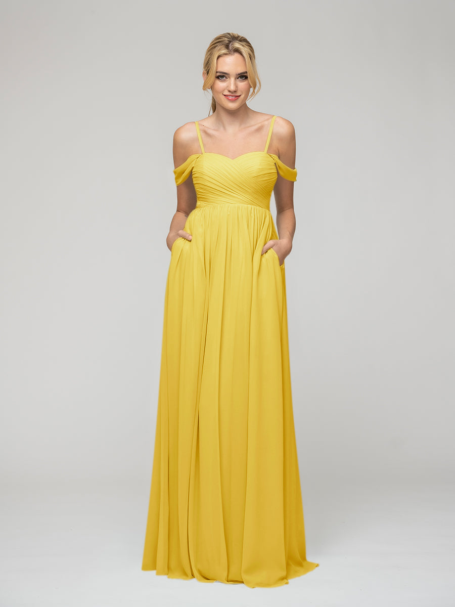 Cold Shoulder Chiffon Bridesmaid Dresses With Draped Bodice