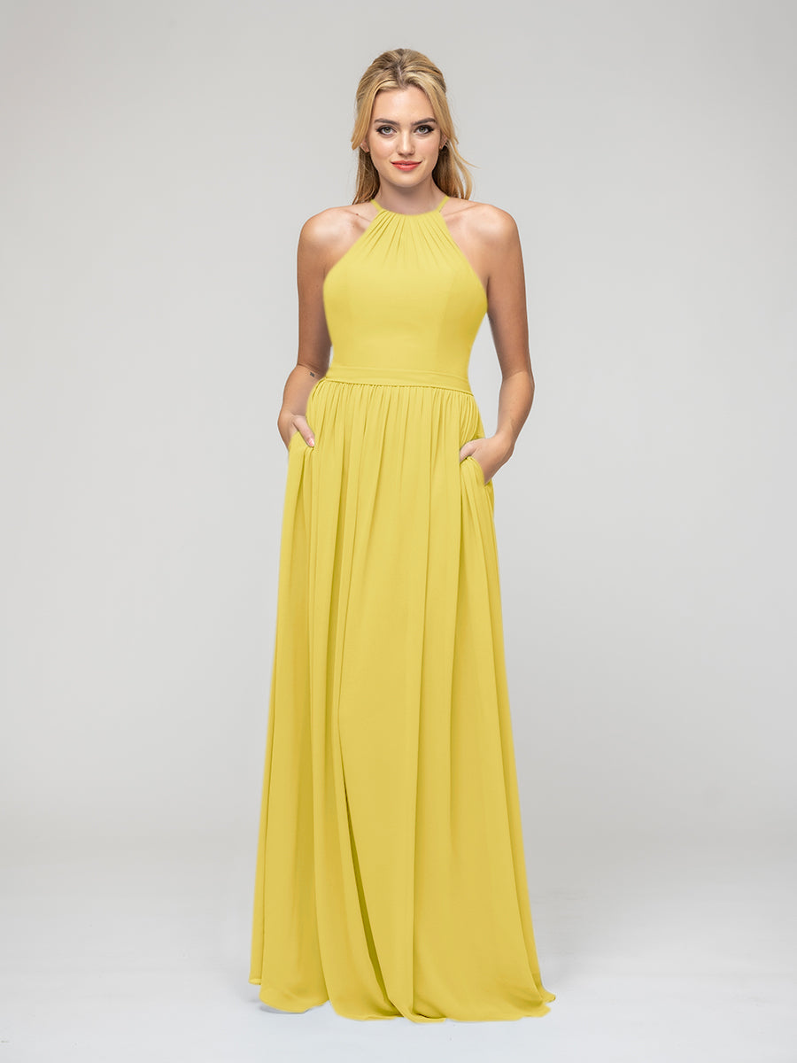 Pleats Bodice Chiffon Halter A Line Bridesmaid Dresses