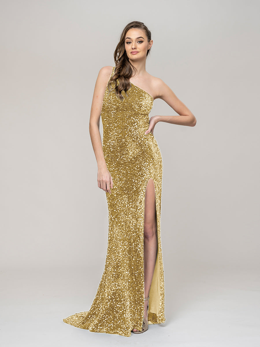 All Over Sequin One Shoulder Fitted Long Prom Dresses