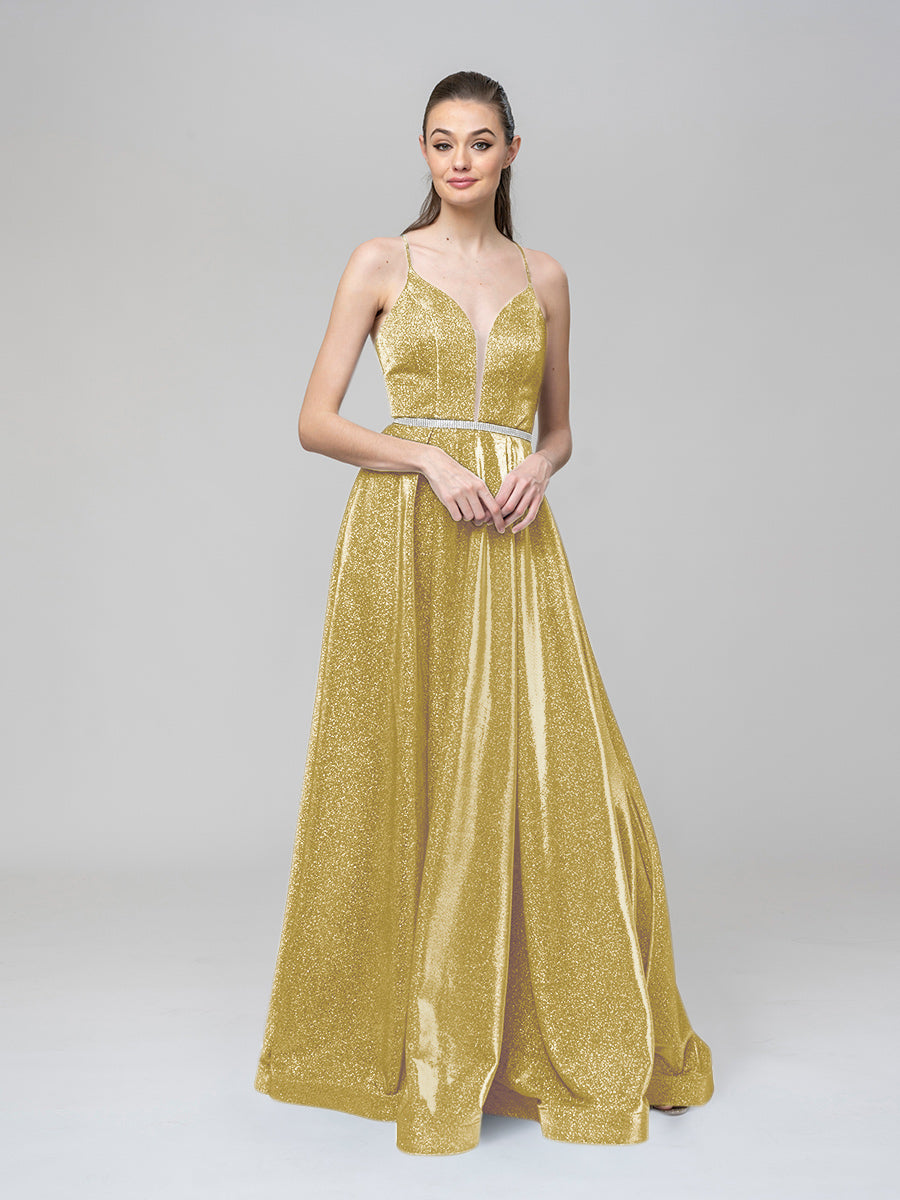 A Line Metallic Glitter Formal Party Prom Dresses With Beaded Waist