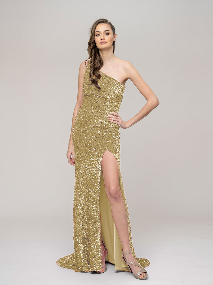 Side Split Sequin One Shoulder Fitted Long Prom Dresses