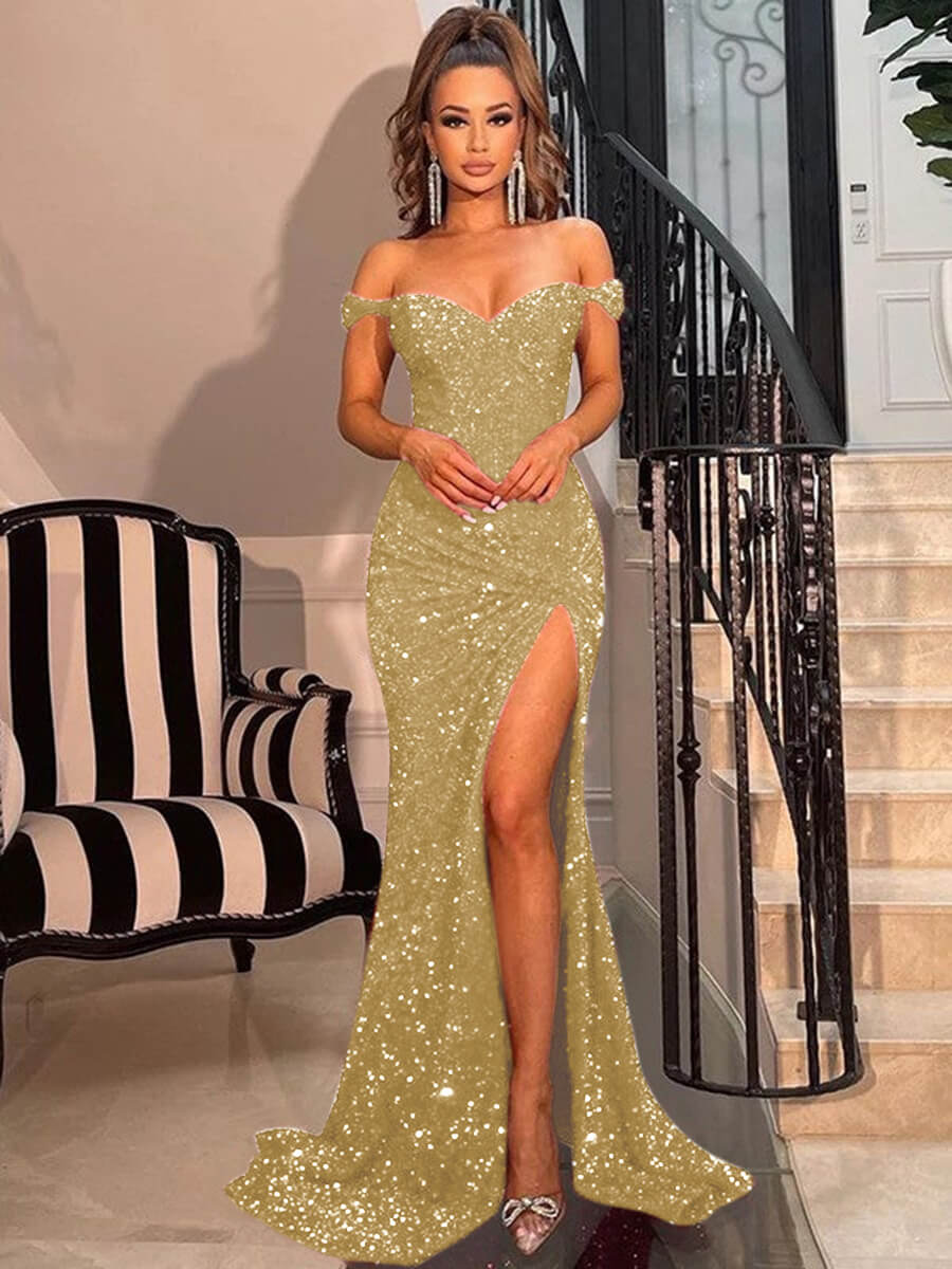 Sheath Off the Shoulder Short Sleeves Sweep Train Velvet Sequin Prom Dress