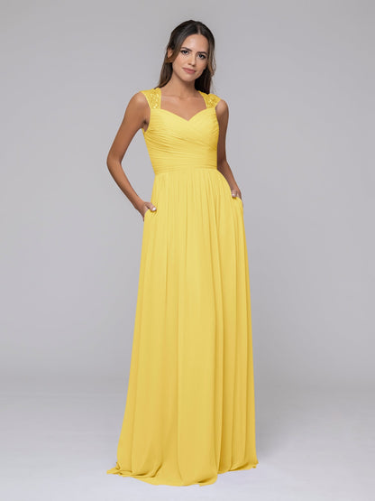 Chiffon Sweetheart Strap Pleated Long Bridesmaid Dresses With Pockets