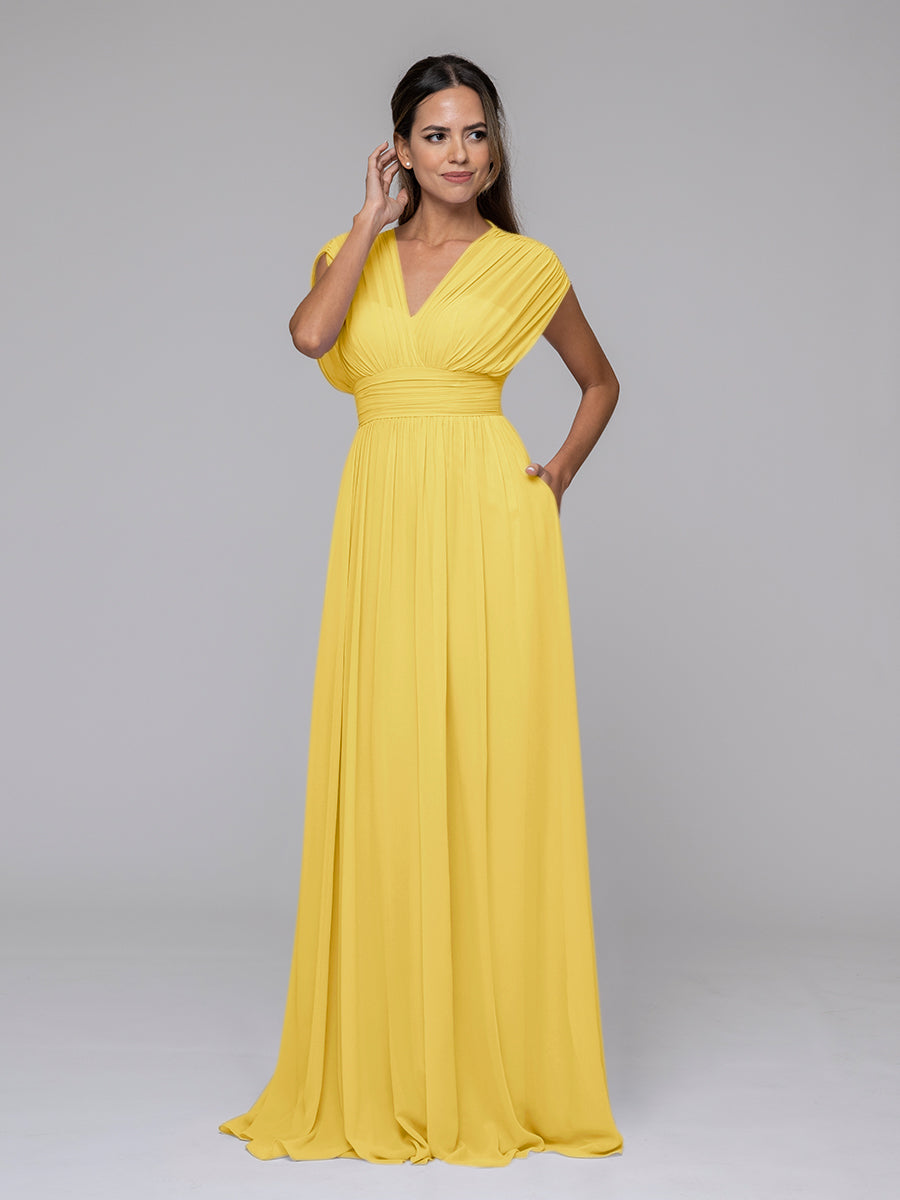 Chiffon V Neck Cap Sleeve Floor Length Bridesmaid Dresses