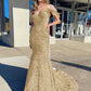 Sheath Cold Shoulder Sleeveless Long Velvet Sequin Prom Dress