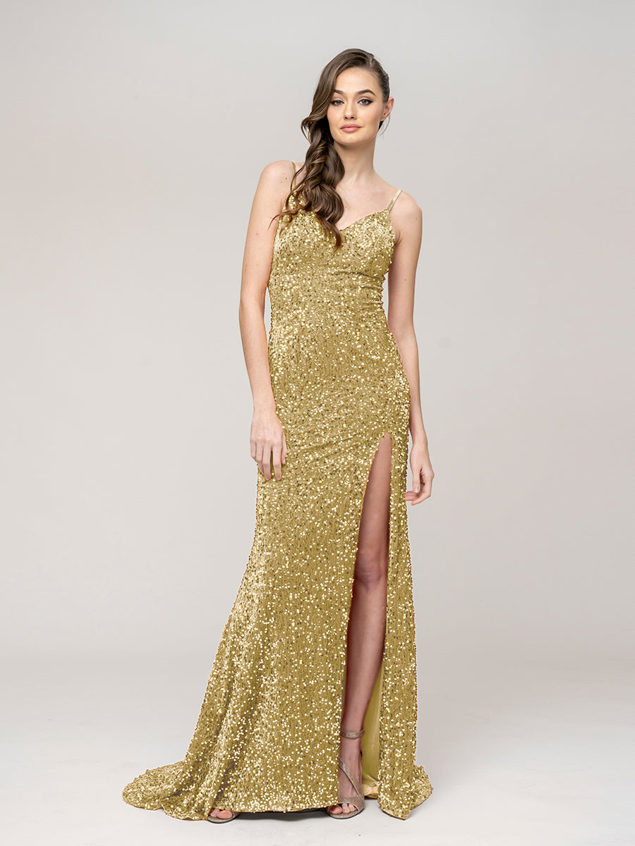 Sequin Spaghetti Strap Open Back Fitted Prom Dresses