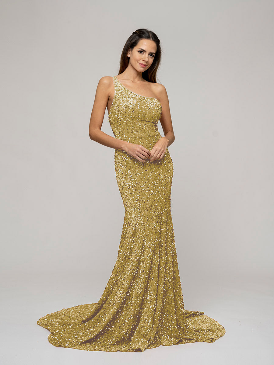 Straps Back One Shoulder Sequin Fitted Prom Dresses
