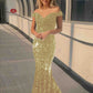 Mermaid Off the Shoulder Sexy Long Velvet Sequin Prom Dress