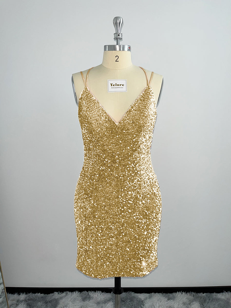 Velvet Sequin V Neck Tight Homecoming Dresses With Criss Corss Back