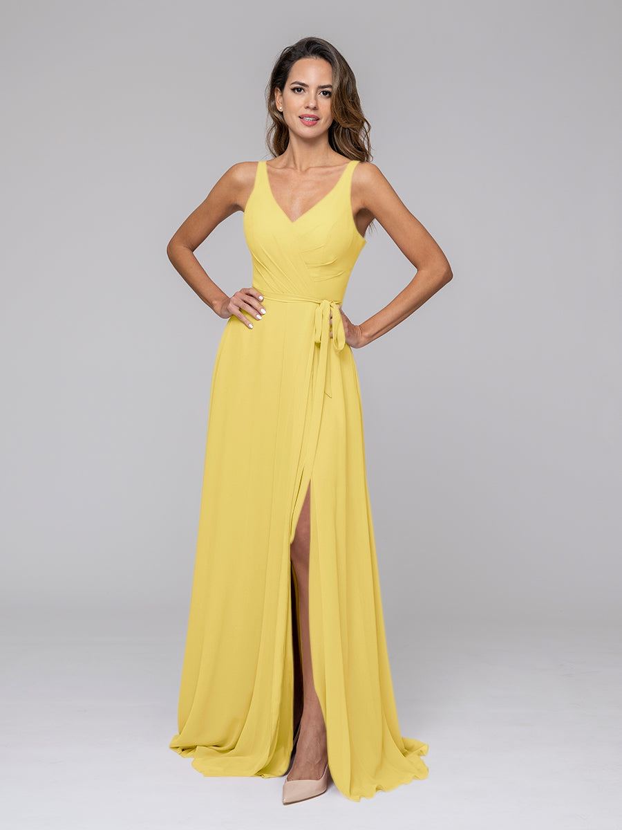 Straps Long Chiffon Bridesmaid Dresses With Side Slit