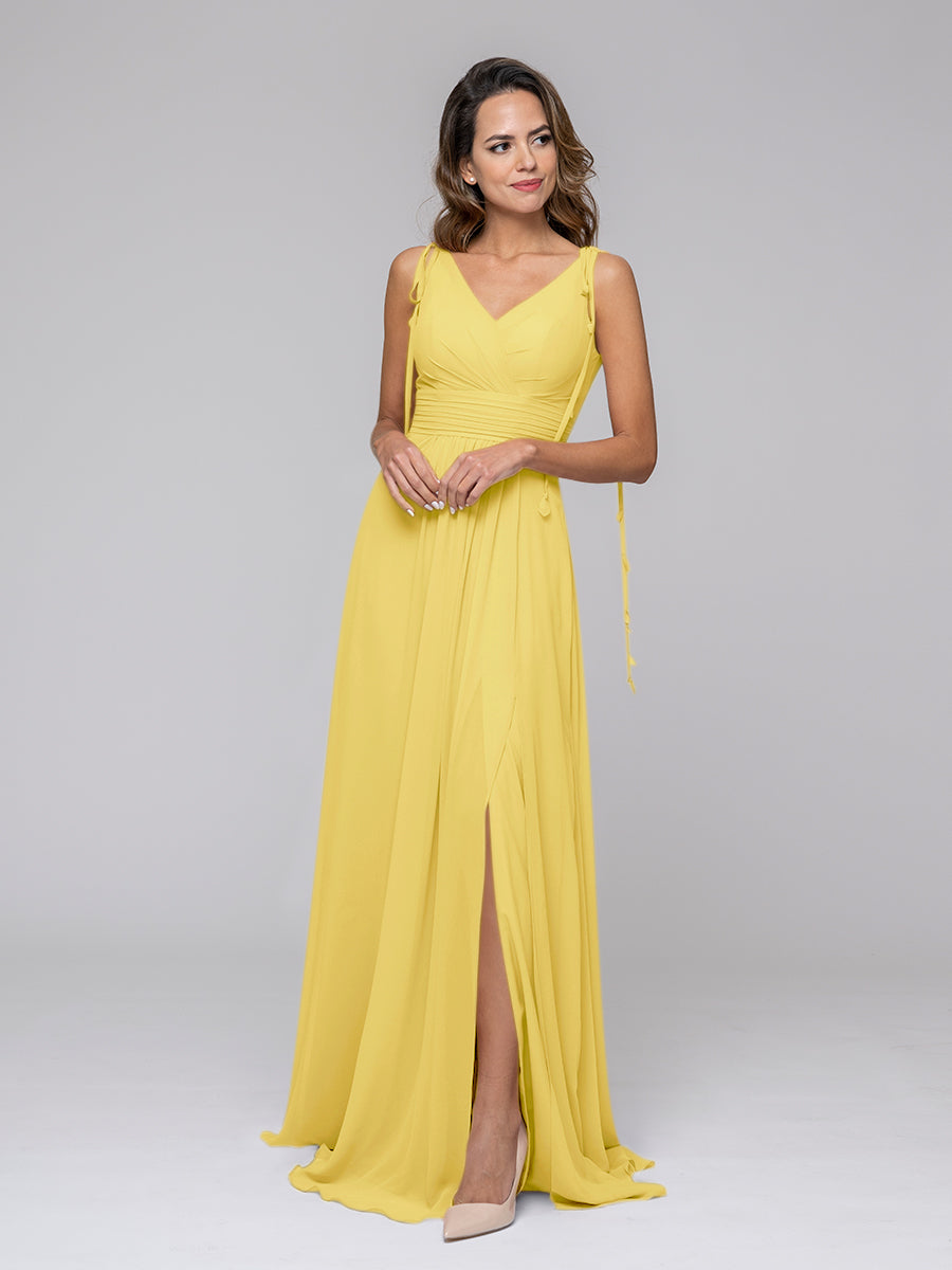 Tassel Straps V Neck Chiffon Bridesmaid Dresses With Slit Skirt