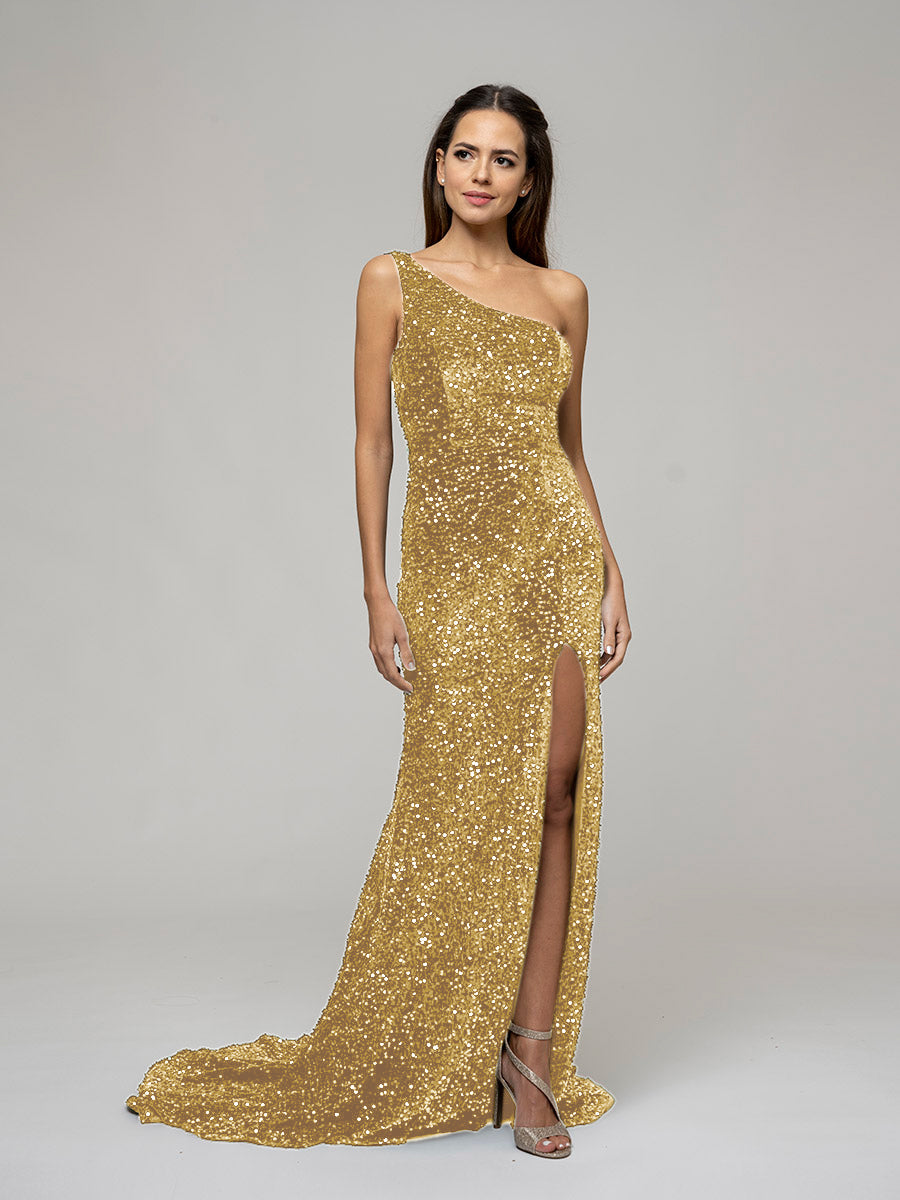 Open Back Sparkly Sequin Fitted Prom Dresses With Split