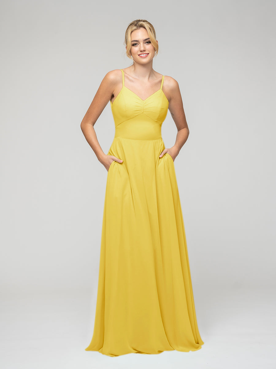 Spaghetti Strap Tie Back Long Chiffon Bridesmaid Dresses