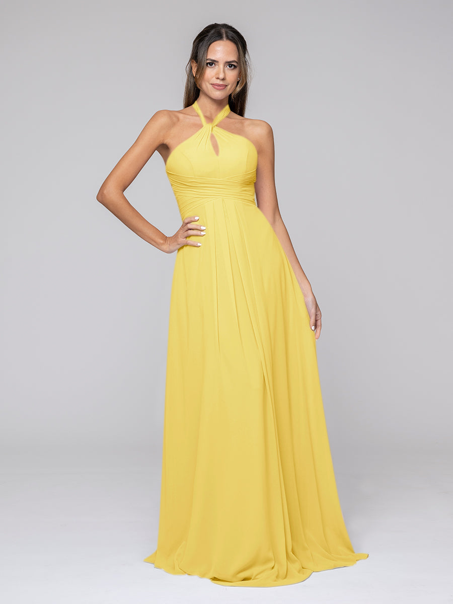 Tie-neck Halter Sleeveless Wedding Bridesmaid Dresses With Ruched Waist