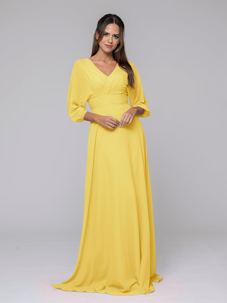 3/4 Lantern Sleeve V Neck Chiffon A Line Bridesmaid Dresses