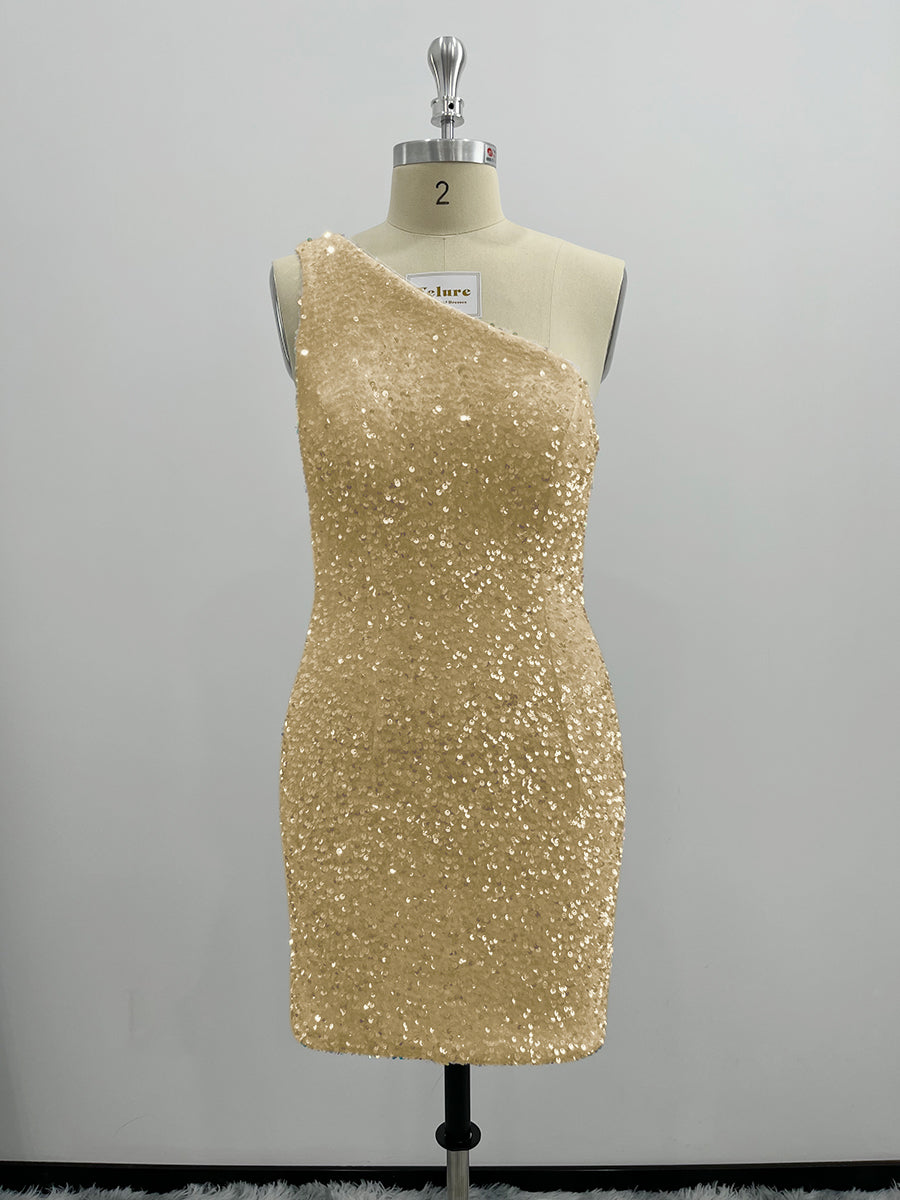 Shiny One Shoulder Velvet Sequin Sheath Homecoming Dresses
