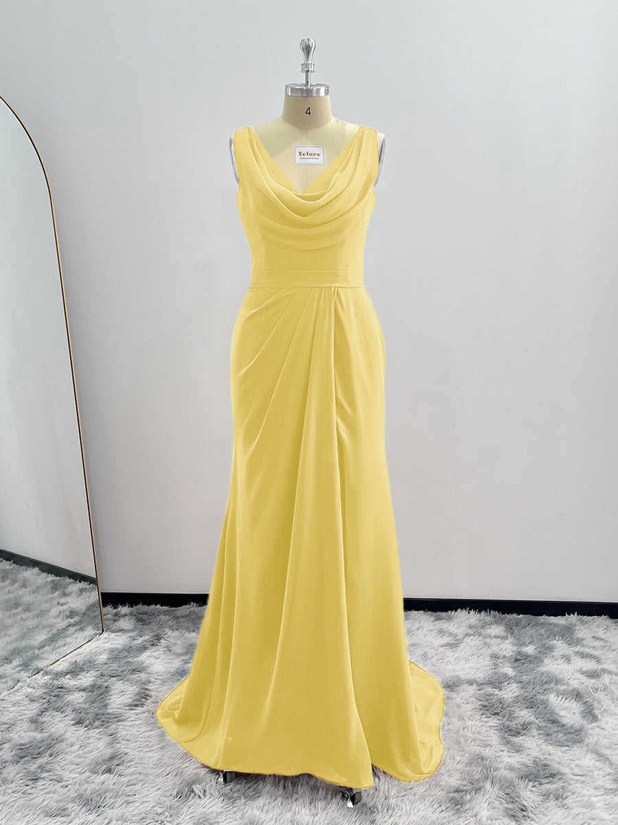 Sheath Cowl Neck Sleeveless Chiffon Bridesmaid Dresses With Slit and Ruffles