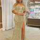 Sheath Off the Shoulder Short Sleeves Long Velvet Sequin Prom Dress