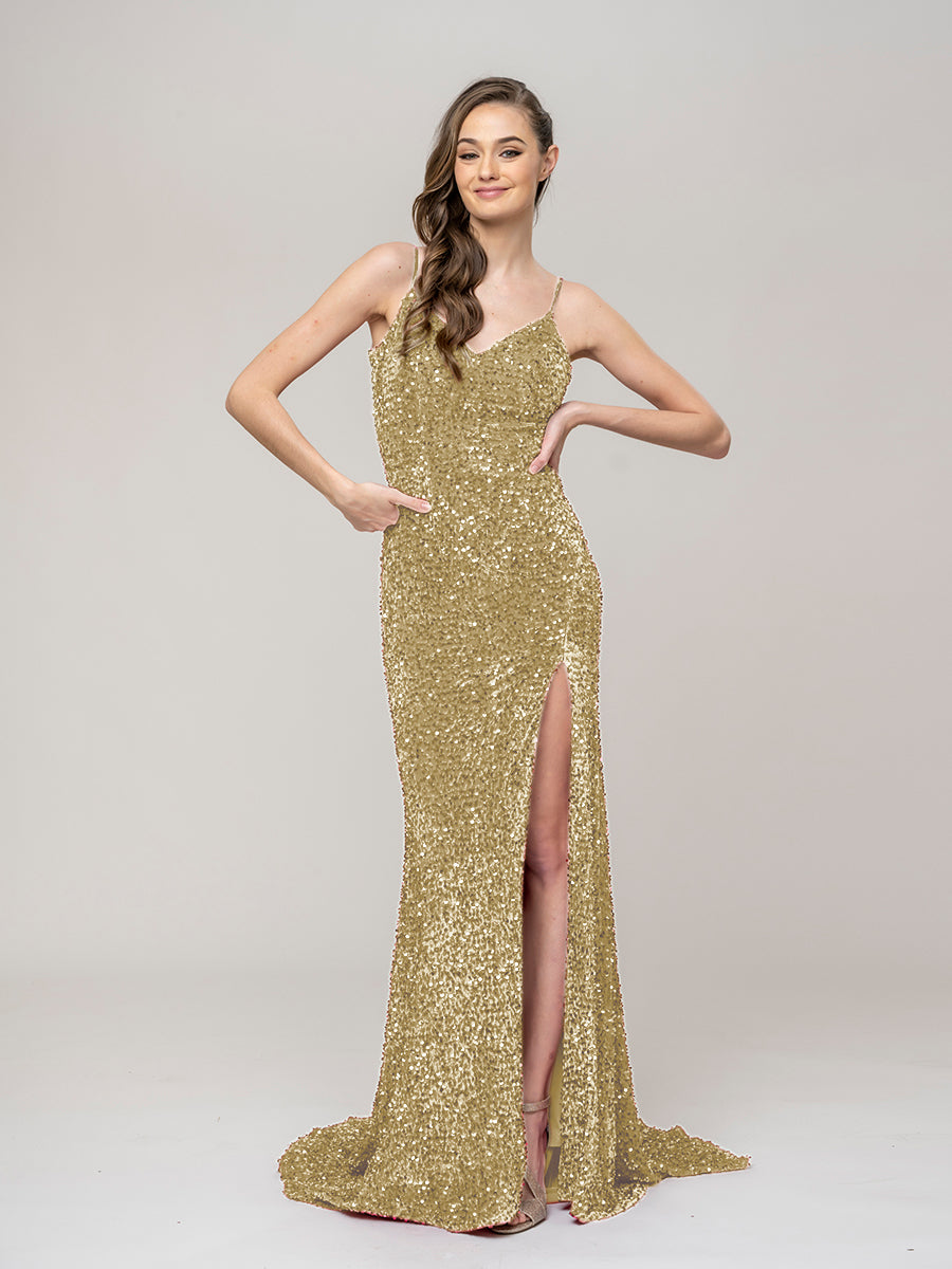 Spaghetti Strap Open Back Sequin Fitted Prom Dresses