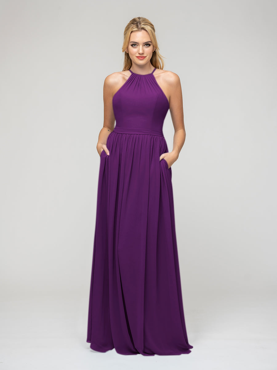 Pleats Bodice Chiffon Halter A Line Bridesmaid Dresses